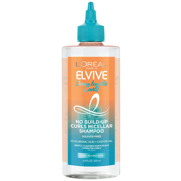 L'Oreal Paris Elvive Dream Lengths Curls No Build-Up Micellar Shampoo, Sulfate-Free, Silicone-Free, Paraben-Free with Hyaluronic Acid and Castor Oil. Best for curly hair to coily hair, 16.9 fl oz