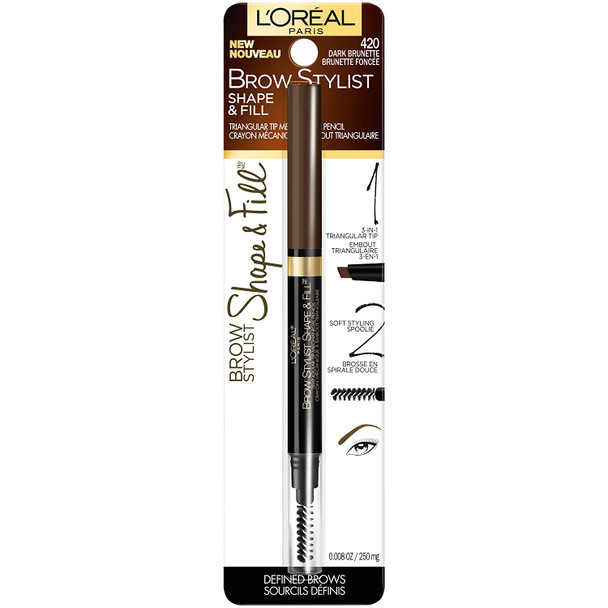 L'Oreal Paris Makeup Brow Stylist Shape and Fill Mechanical Eye Brow Makeup Pencil, Dark Brunette, 0.008 oz.