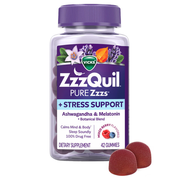 Zzzquil Pure Zzzs DeStress Melatonin Sleep Aid Gummies Helps Calm Your Mind And Body Ashwagandha For Stress Support Sleep Aids For Adults 1 Mg Per Gummy 42 Count