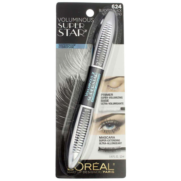 L'Oreal Paris Voluminous Superstar Waterproof Mascara, Blackest Black [624] 0.40 oz ( Pack of 2)