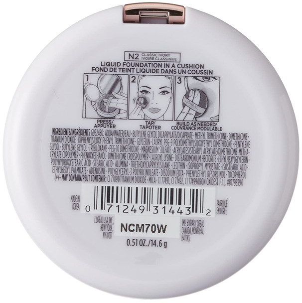 L'Oral Paris True Match Lumi Cushion Foundation, N2 Classic Ivory, 0.51 oz.