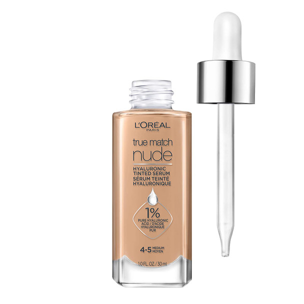 L'Oreal Paris True Match Nude Hyaluronic Tinted Serum Foundation with 1% Hyaluronic acid, Medium 4-5, 1 fl. oz. L'Oreal Paris True Match Nude Hyaluronic Tinted Serum Foundation with 1% Hyaluronic acid, Medium 4-5, 1 fl. oz.