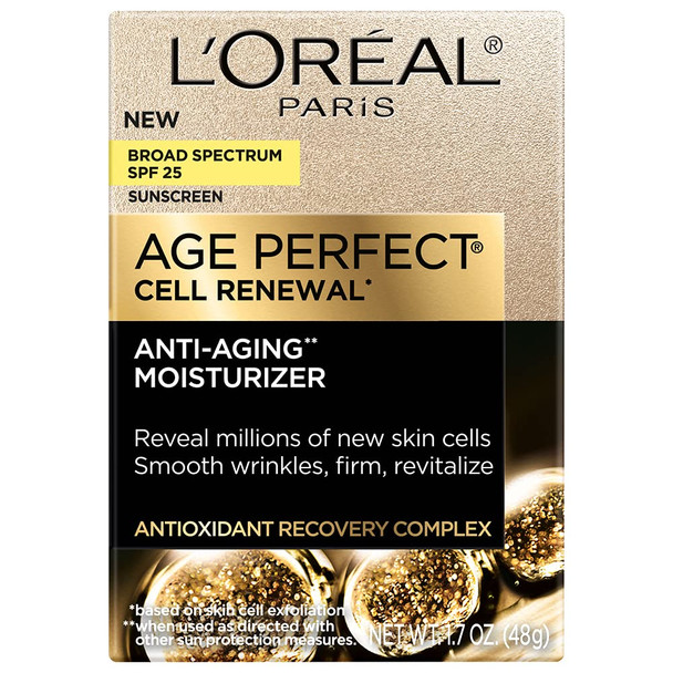 L'Oreal Paris Age Perfect Cell Renewal Anti-Aging Day Moisturizer SPF 25, Antioxidant Recovery Complex, Smooth Wrinkles, Firmer, Radiant, Younger Looking Skin, Dermatologist Tested, 1.7 Oz