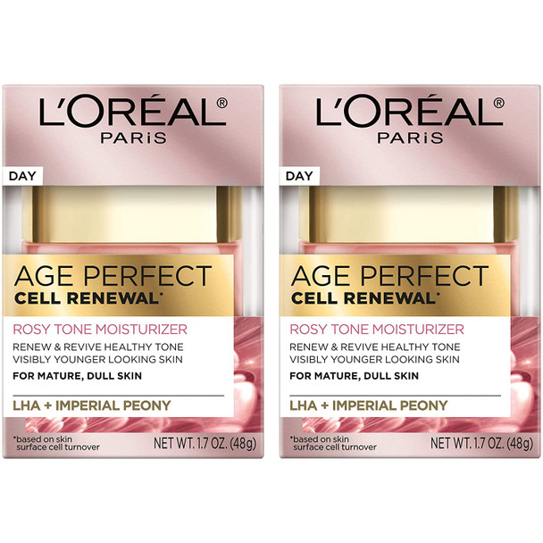 Face Moisturizer by Oreal Paris, Age Perfect Cell Renewal Rosy Tone Face Moisturizer with LHA and Imperial Peony for Visibly Younger Looking Skin, Anti-Aging Day Cream for Face, 2 count