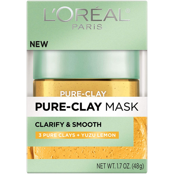 L'Oreal Paris Skincare Pure Clay Face Mask with Yuzu Lemon for Rough Skin to Clarify & Smooth, Clay Mask, at home face mask, 1.7 oz.