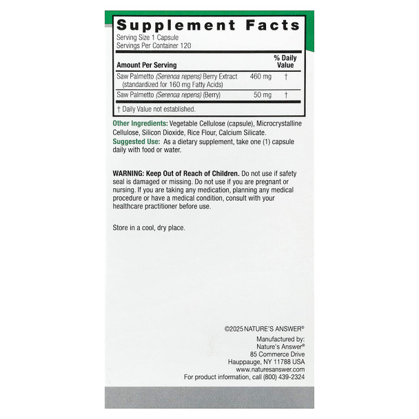 Nature's Answer Saw Palmetto Standardized 120 Vegetarian Capsules