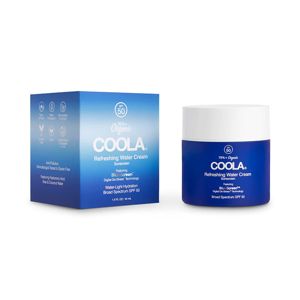 COOLA Organic Refreshing Water Cream Face Moisturizer with SPF 50, Dermatologist Tested Face Sunscreen with Plant-Derived BlueScreen Digital De-Stress Technology, 1.5 Fl Oz