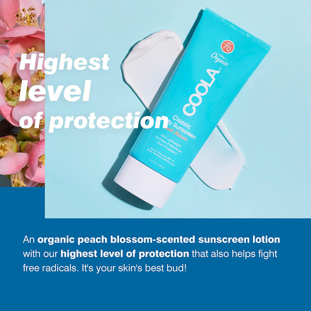 COOLA Organic Sunscreen SPF 70 Sunblock Body Lotion, Dermatologist Tested Skin Care for Daily Protection, Vegan and Gluten Free, Peach Blossom, 5 Fl Oz