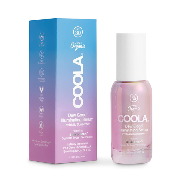 COOLA Dew Good Illuminating Serum Sunscreen with Probiotic Technology SPF 30, 1.15 Fl Oz