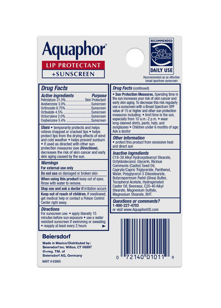 Aquaphor Lip Repair Lip Balm with Sunscreen, Lip Protectant, Lip Balm SPF 30, 0.35 Oz Tube