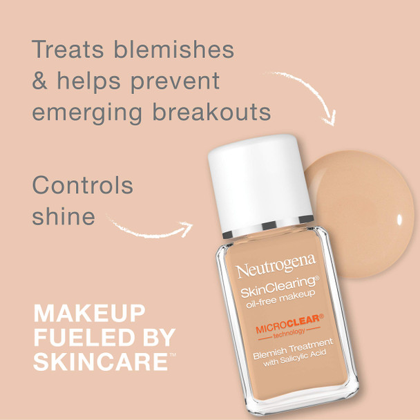 Neutrogena SkinClearing Oil-Free Acne and Blemish Fighting Liquid Foundation with .5% Salicylic Acid Acne Medicine, Shine Controlling Makeup for Acne Prone Skin, 10 Classic Ivory, 1 fl. oz