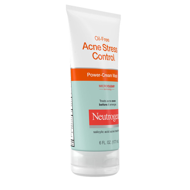 Neutrogena Oil-Free Acne Stress Control Power-Cream Face Wash with 2% Salicylic Acid Acne Treatment Medication, Soothing Daily Acne Facial Cleanser for Acne-Prone Skin Care, 6 fl. oz