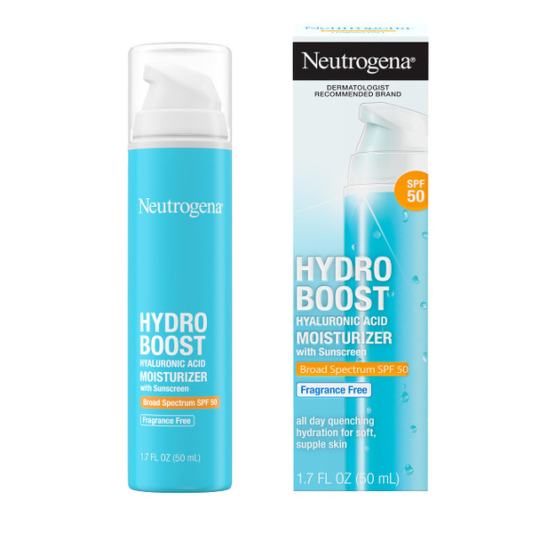 Neutrogena Hydro Boost Hyaluronic Acid Facial Moisturizer with Broad Spectrum SPF 50 Sunscreen, Daily Water Gel Face Moisturizer to Hydrate & Soothe Dry Skin, Fragrance-Free, 1.7 fl. Oz