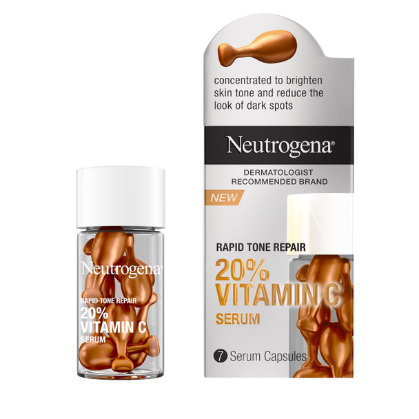 Neutrogena Rapid Tone Repair 20% Vitamin C Face Serum Capsules, Daily Facial Serum with Vitamin C to Help Brighten Skin Tone & Reduce Look of Dark Spots, 7 ct