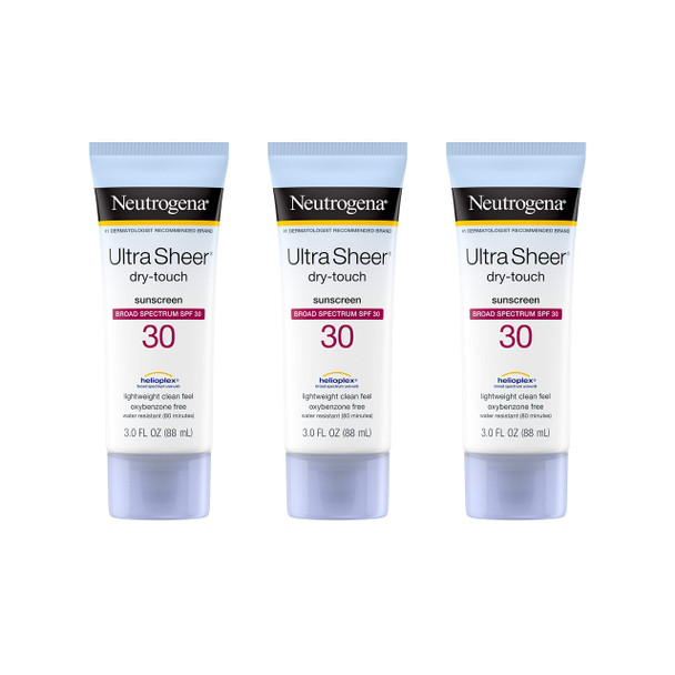 Neutrogena Ultra Sheer Dry-Touch Sunscreen Lotion, Broad Spectrum SPF 30 UVA/UVB Protection, Oxybenzone-Free, Water Resistant, Non-Comedogenic, Non-Greasy, Travel Size, 3 Fl Oz, Pack of 3