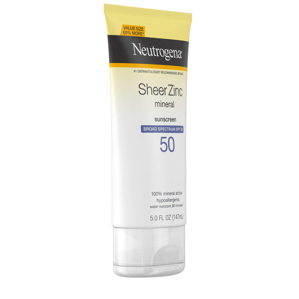 Neutrogena Sheer Zinc Oxide Dry-Touch Sunscreen Lotion with Broad Spectrum SPF 50, Water-Resistant, Hypoallergenic & Non-Greasy Mineral Sunscreen, Value-Size, 5 fl. oz