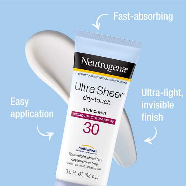 Neutrogena Ultra Sheer Dry-Touch Sunscreen Lotion, Broad Spectrum SPF 30 UVA/UVB Protection, Oxybenzone-Free, Light, Water Resistant, Non-Comedogenic ; Non-Greasy, Travel Size, 3 fl. oz