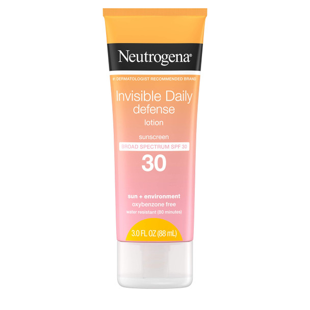 Neutrogena Invisible Daily Defense Sunscreen Lotion, Broad Spectrum SPF 30, Oxybenzone-Free & Water-Resistant, Sun & Environmental Aggressor Protection, Antioxidant Complex, 3.0 fl. oz