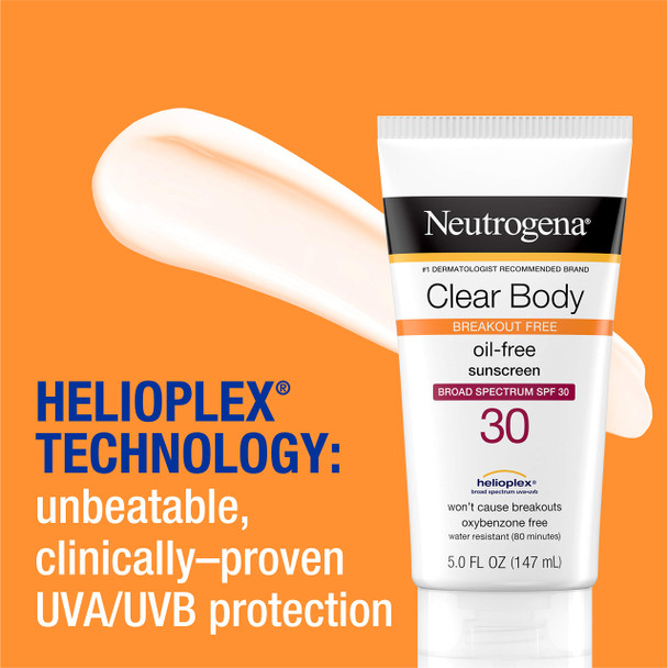 Neutrogena Clear Body Breakout-Free Liquid Sunscreen Lotion for AcneProne Skin, Oil Free Sunscreen, Broad Spectrum SPF 30, Oxybenzone Free, Fragrance Free, Non Comedogenic, Unscented, 5 Fl Oz