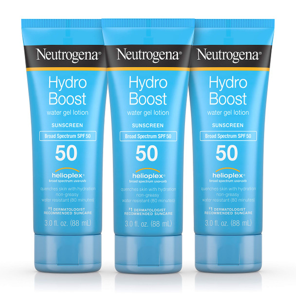 Neutrogena Hydro Boost Moisturizing Water Gel Sunscreen Lotion with Broad Spectrum SPF 50, Water-Resistant & Non-Greasy Hydrating Sunscreen Lotion, Oil-Free, 3 fl. oz (Pack of 3)