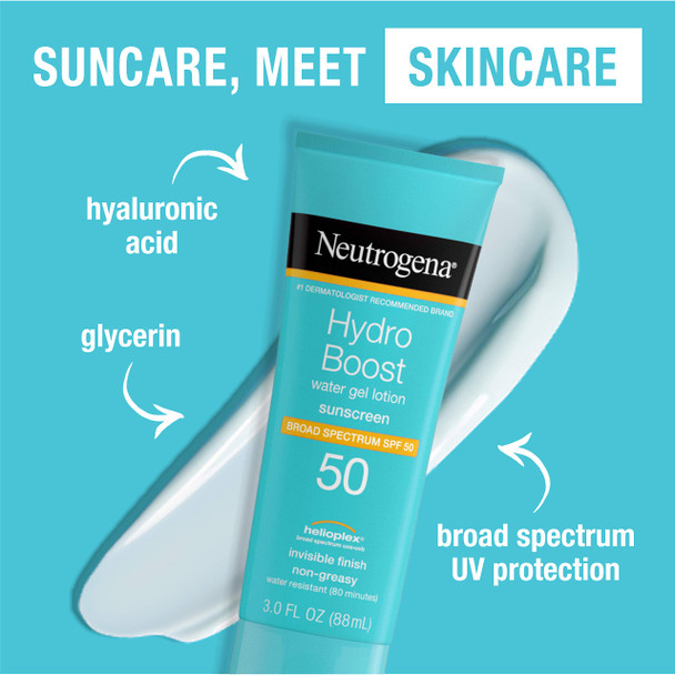 Neutrogena Hydro Boost Water Gel Sunscreen Lotion with Broad Spectrum SPF 50, Water-Resistant Hydrating Body Sunscreen, Non-Greasy, Hyaluronic Acid, Travel Size, 3 fl. Oz, Pack of 3
