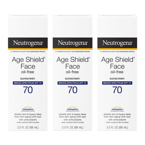 Neutrogena Age Shield Anti-Oxidant Face Lotion Sunscreen with Broad Spectrum SPF 70, Oil-Free & Non-Comedogenic Moisturizing Sunscreen to Prevent Signs of Aging, 3 fl. oz (Pack of 3)