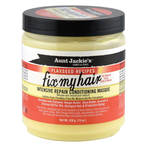 Aunt Jackie's Flaxseed Recipes Fix My Hair Intensive Hair Repair Conditioning Masque to Treat Brittle, Damaged Hair, 15 oz