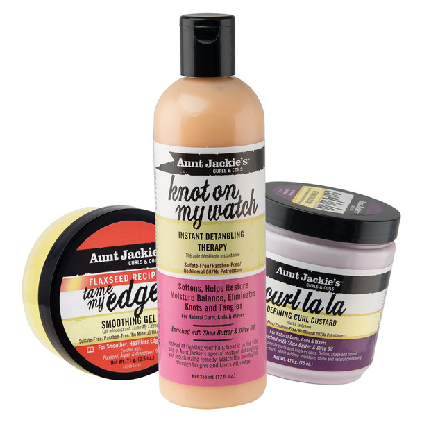 Aunt Jackies classic collection Perfect Tame Your Mane 3 Pack Bundle, Tame My Edges, Knot On My Watch, Curl La La, Moisturize and Style Your Curls with Ingredients Like Shea Butter and Olive Oil