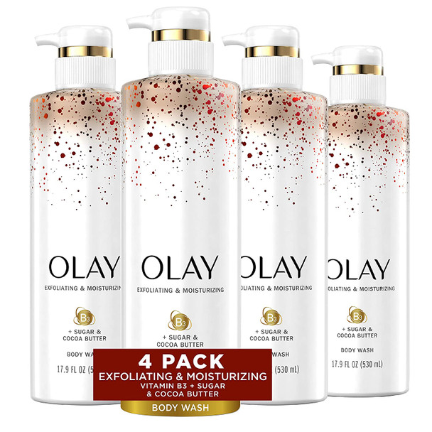 Olay Exfoliating & Moisturizing Body Wash With Sugar, Cocoa Butter, and Vitamin B3, 17.9 Fl Ounce , 4 count