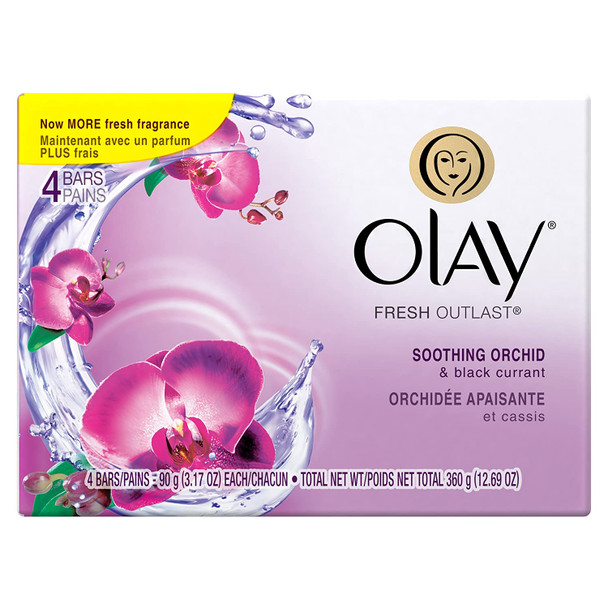 Olay Fresh Outlast Soothing Currant Beauty Bar, Orchid and Black, 4 Count, Packaging May Vary