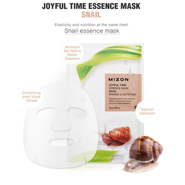 MIZON Joyful Time Essence Mask Sheets, SNAIL, Korean Skincare, Full Face Mask Sheet, (Snail x10)