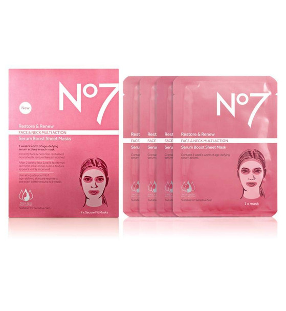 No7 Restore & Renew FACE & NECK MULTI ACTION Serum Boost Sheet Masks