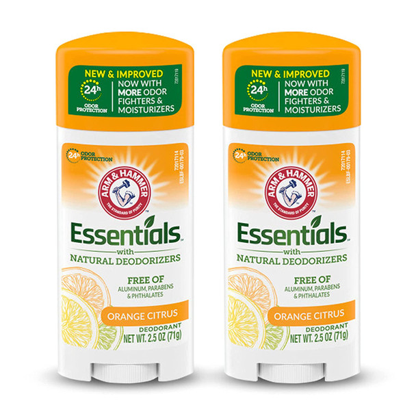 ARM & HAMMER Essentials Deodorant- Orange Citrus- Solid Oval - Made with Natural Deodorizers- Free From Aluminum, Parabens & Phthalates, 2.5 oz (Pack of 2)