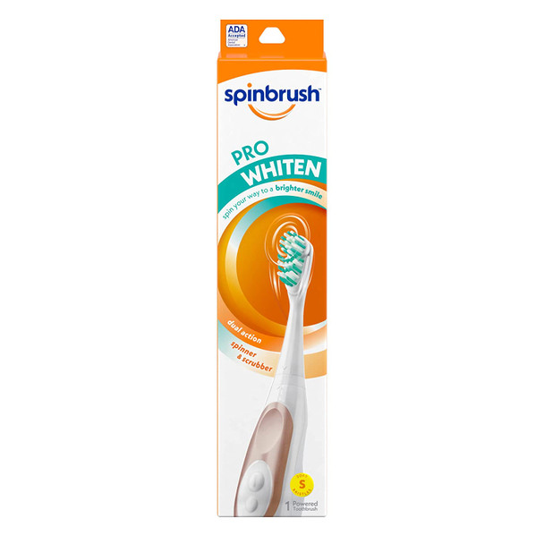 Spinbrush PRO WHITEN Battery Powered Toothbrush, Soft Bristles, 1 Count, Rose Gold or Silver Color May Vary