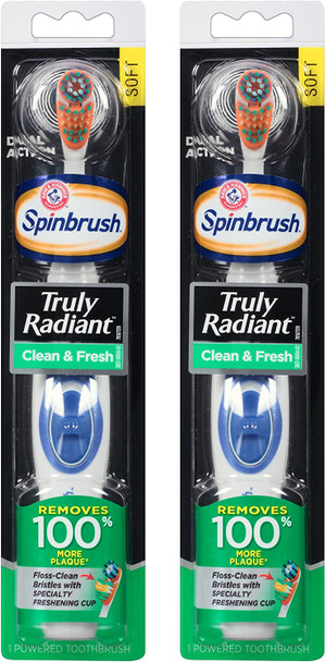Arm & Hammer Spinbrush Battery Powered Toothbrush - Truly Radiant - Clean & Fresh - Soft Bristles - 1 Count Per Package - Pack of 2 Packages (Colors Vary)