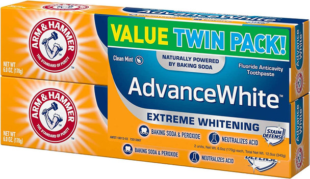ARM & HAMMER Advance White Extreme Whitening Baking Soda and Peroxide Toothpaste, Fresh Mint, Twin Pack 6 oz (Pack of 2)