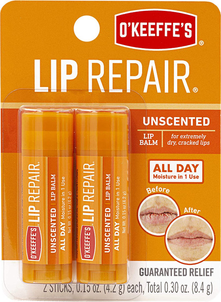 O'Keeffe's Unscented Lip Repair Lip Balm for Dry, Cracked Lips, Stick, (Pack of 2)