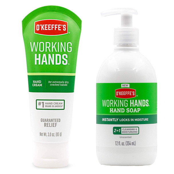 O'Keeffe's Working Hands Hand Cream, 3 Ounce Tube and Working Hands Moisturizing Hand Soap 12 Ounce Pump , White