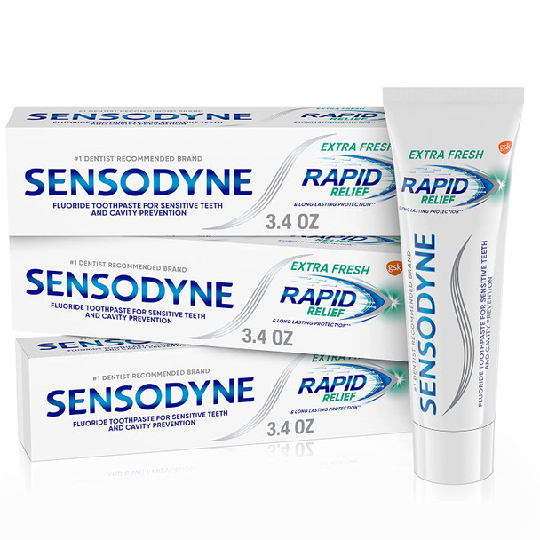 Sensodyne Rapid Relief Sensitive Fluoride Toothpaste, Basic, Extra Fresh, 3.4 Ounce (Pack of 3), 10.2 Ounce