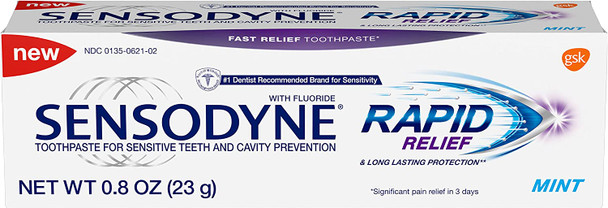 Sensodyne Rapid Relief Toothpaste for Sensitive Teeth and Cavity Prevention, Mint, Travel Size 0.8 Ounces (23g) - Pack of 3