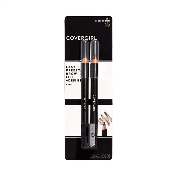 COVERGIRL Easy Breezy Brow Fill + Define Pencils, 2-count, Rich Brown Eye Pencil, Brown Eyebrow Pencil, Blendable Pencil Fill and Defined Brows, Sharpener Included