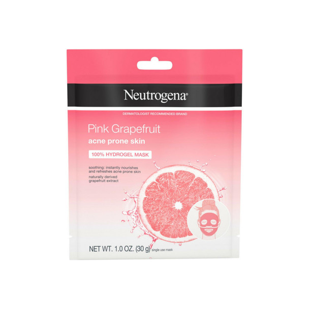 Neutrogena Pink Grapefruit 100% Hydrogel Face Mask Acne Prone Skin Naturally Grapefruit Extract, Single-Use Refreshing & Soothing  1.1  oz