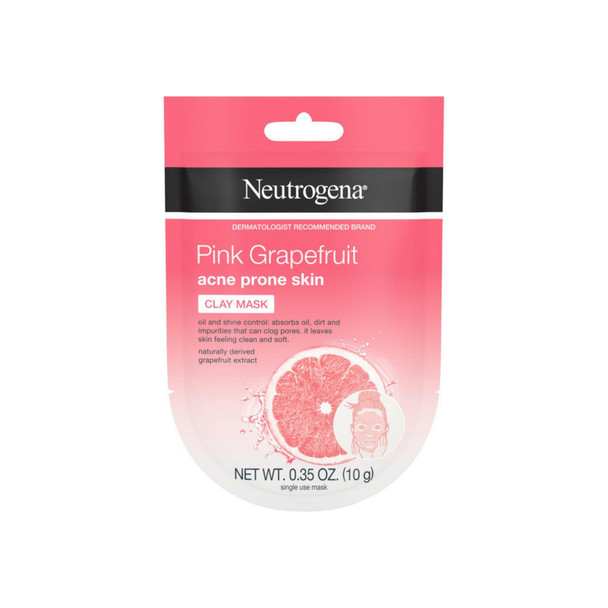 Neutrogena Pink Grapefruit Clay Face Mask Acne Prone Skin Grapefruit Extract, Oil Control & Shine Control, Single-Use 0.35 oz