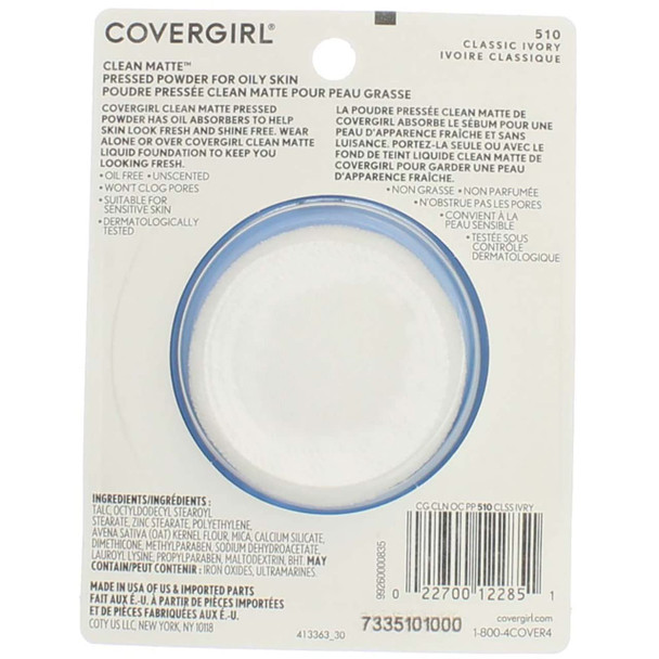 COVERGIRL Clean Matte Pressed Powder Classic Ivory Warm 510 , .35 Ounce (packaging may vary)