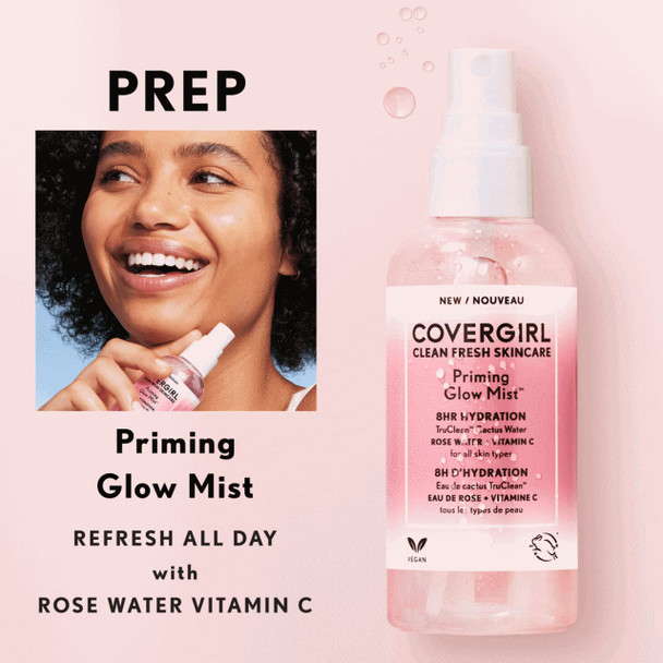 COVERGIRL Clean Fresh Skincare Priming Glow Facial Mist with Rose Water and Vitamin C, 3.3 Fl Oz