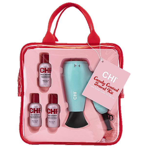 CHI Candy Coated Travel Kit Includes Travel Hair Dyer with 2oz CHI Infra Shampoo, Treatment, Silk Infusion and Travel Bag