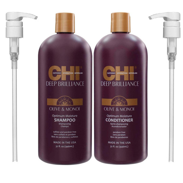 CHI Deep Brilliance Olive & Monoi Optimum Moisture Shampoo & Conditioner with 2 Pumps 32oz Bundle