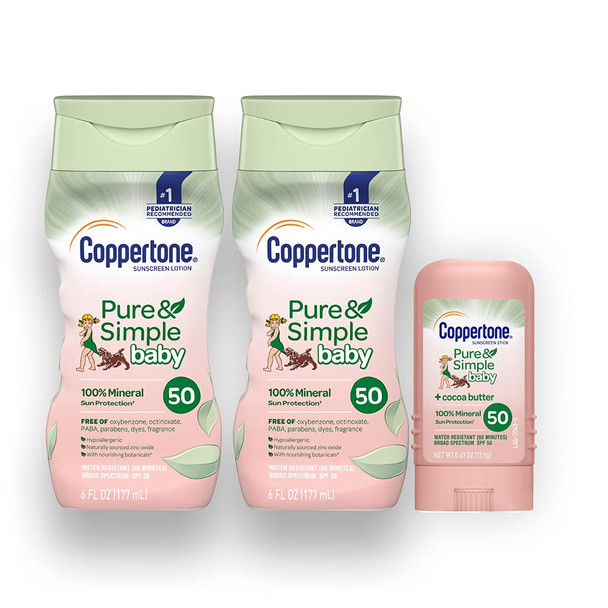 Coppertone Pure & Simple Baby SPF 50 Mineral Based Sunscreen Lotion + Stick Sunscreen Multi-pack (6-Fluid Ounce Bottle, Pack of 2 + 0.49 Ounce Stick) (Package may vary), 12.49 Oz