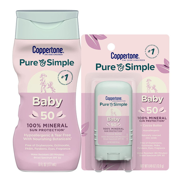 Coppertone Pure & Simple Baby SPF 50 Sunscreen Lotion Multi Pack, Zinc Oxide Mineral Sunscreen Lotion + Baby Stick Sunscreen, Bulk Sunscreen, (6-Fluid Ounce Bottle + 0.49 Ounce Stick)