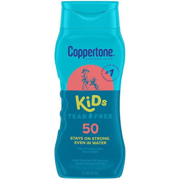 Coppertone Kids Sunscreen Lotion SPF 50, Water Resistant Sunscreen for Kids, #1 Pediatrician Recommended Sunscreen Brand, Tear Free Sunscreen Lotion, 8 Fl Oz Bottle